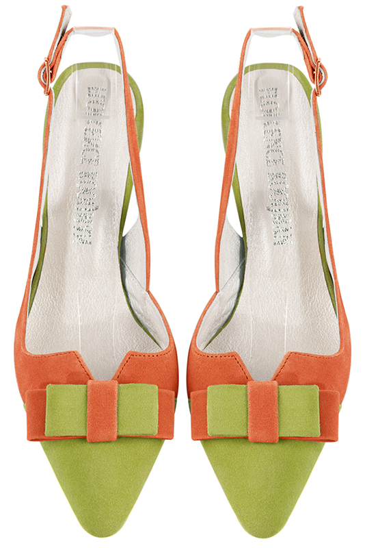 Pistachio green and clementine orange women's open back shoes, with a knot. Tapered toe. Medium slim heel. Top view - Florence KOOIJMAN